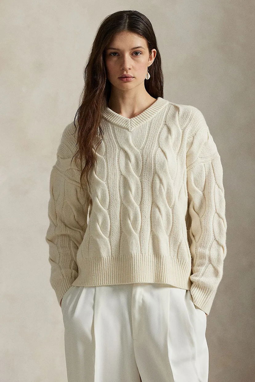 Sveter Polo by Ralph Lauren Wool Cable-Knit V-Neck Sweater Biela | 211972127