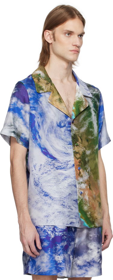 Košeľa Balmain Balmain Earth Print Silk Shirt Modrá | EH0HN067SE89, 1