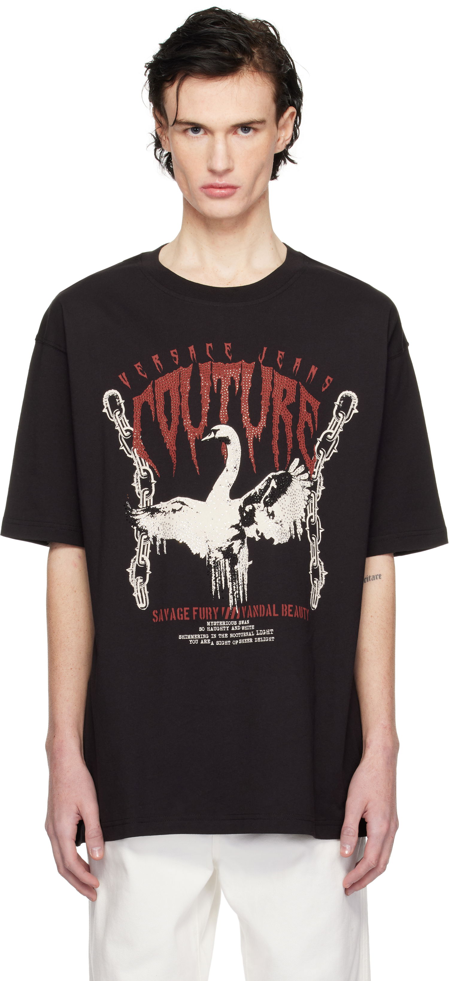 Tričko Versace Couture Black Swan Chain Graphic T-Shirt Čierna | E77GAHG01_ECJ00G, 0