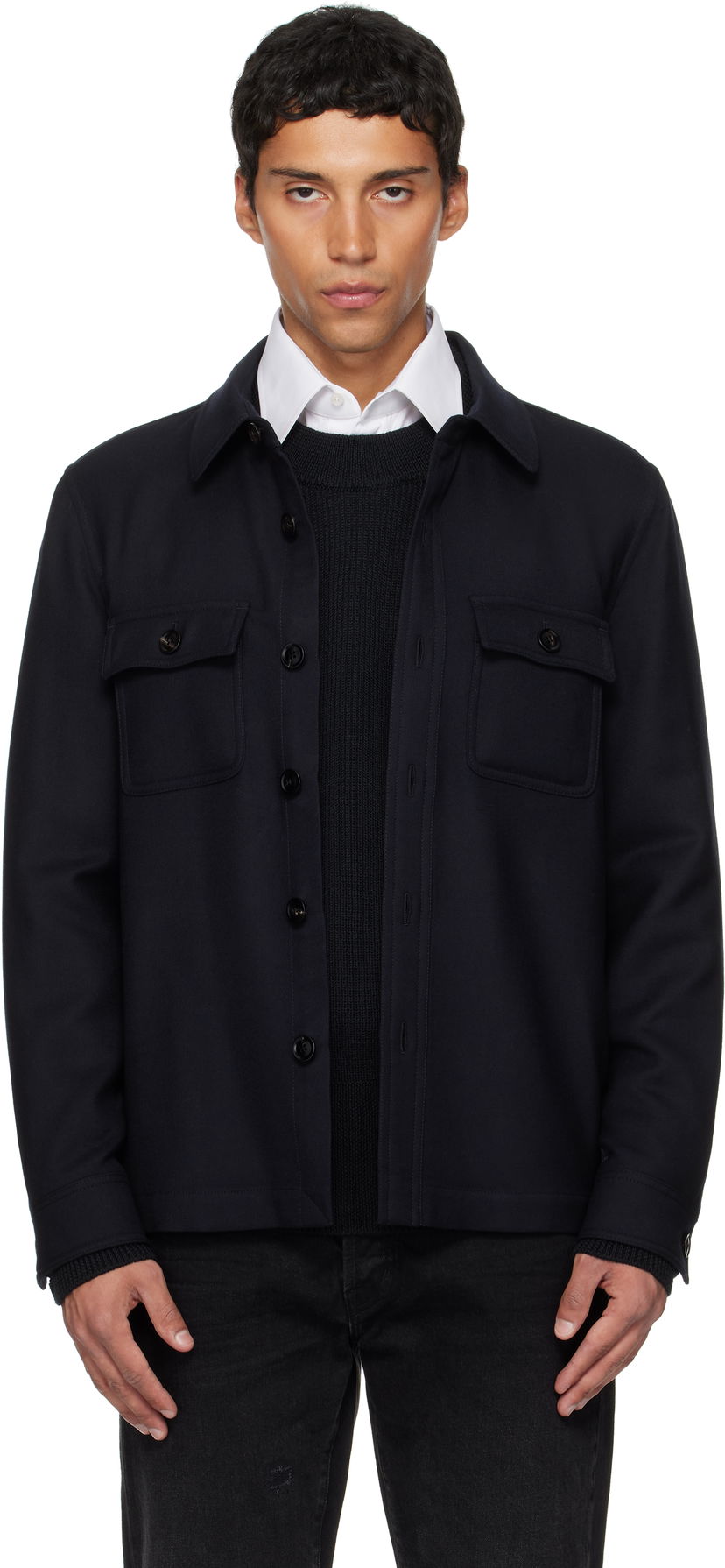 Bunda Tom Ford TOM FORD Light Wool Chest Pocket Overshirt Navy | OJS016-FMW063