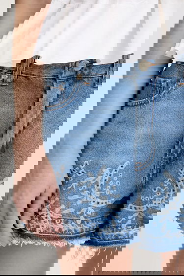 Šortky GANNI GANNI Broderie Anglaise High-Waist Denim Shorts Modrá | J1678, 3