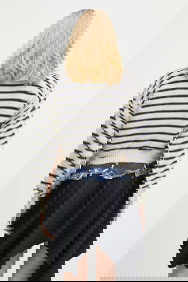 Sveter Maison Margiela Striped Distressed Cotton Cardigan with Cut-Out Sleeves Navy | S52HP0025, 2