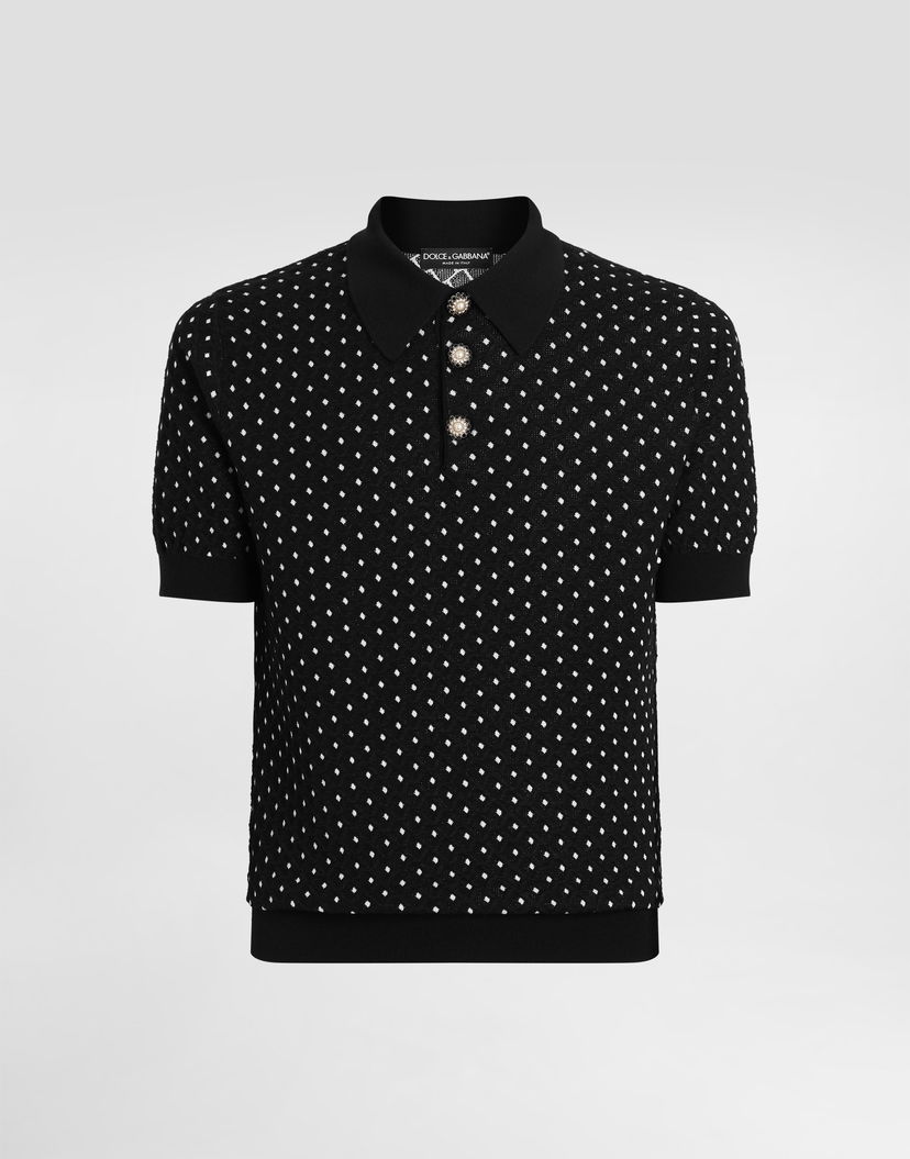Polo tričko Dolce & Gabbana Micro-dot Stitch Knitted Polo Shirt with Pearl Buttons Čierna | GXZ02ZJGMFBN0004