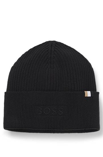 Kulicha BOSS Ribbed Logo-Embroidered Beanie Hat in Wool and Cotton Čierna | 50522427