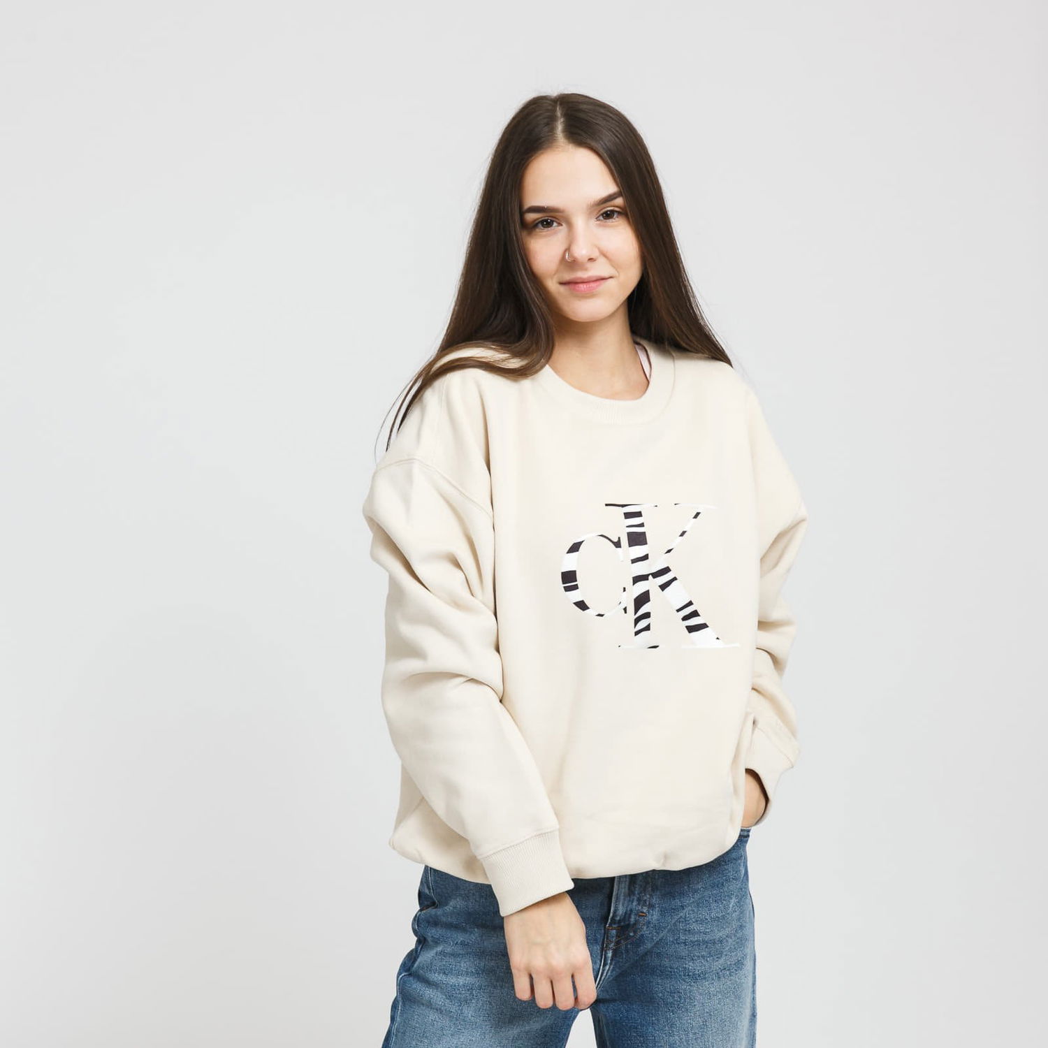 Mikina CALVIN KLEIN W Zebra CK Crew Neck Béžová | J20J214815 AEO, 0