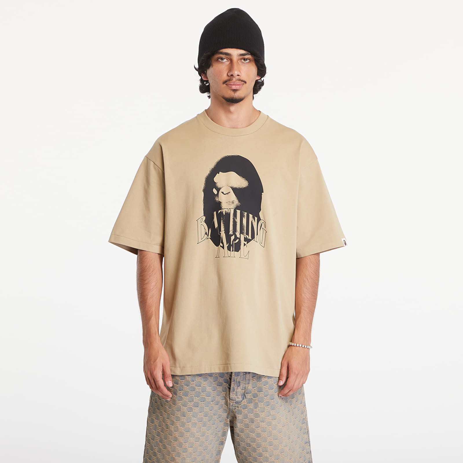 A BATHING APE Spray Print Logo Relaxed Fit Short Sleeve Tee Beige