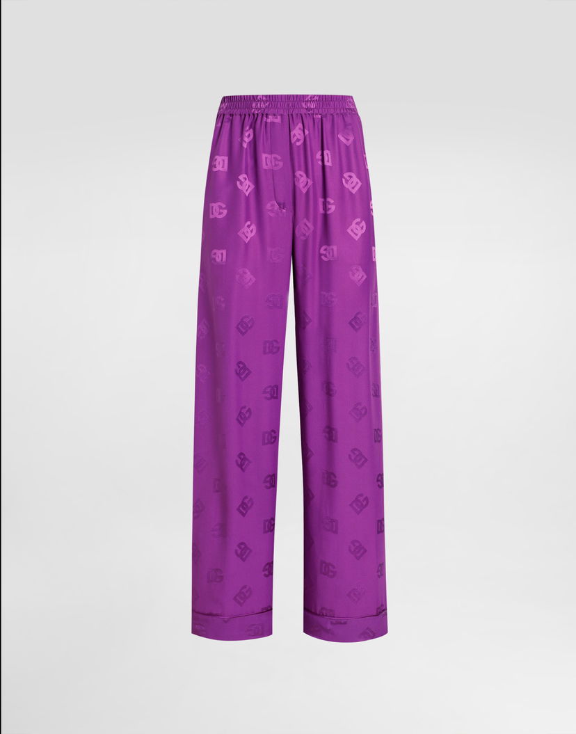 Nohavice Dolce & Gabbana Dolce & Gabbana Silk Jacquard Vanity Logo Pants Fialová | FTAMPTFJ1JOF0571