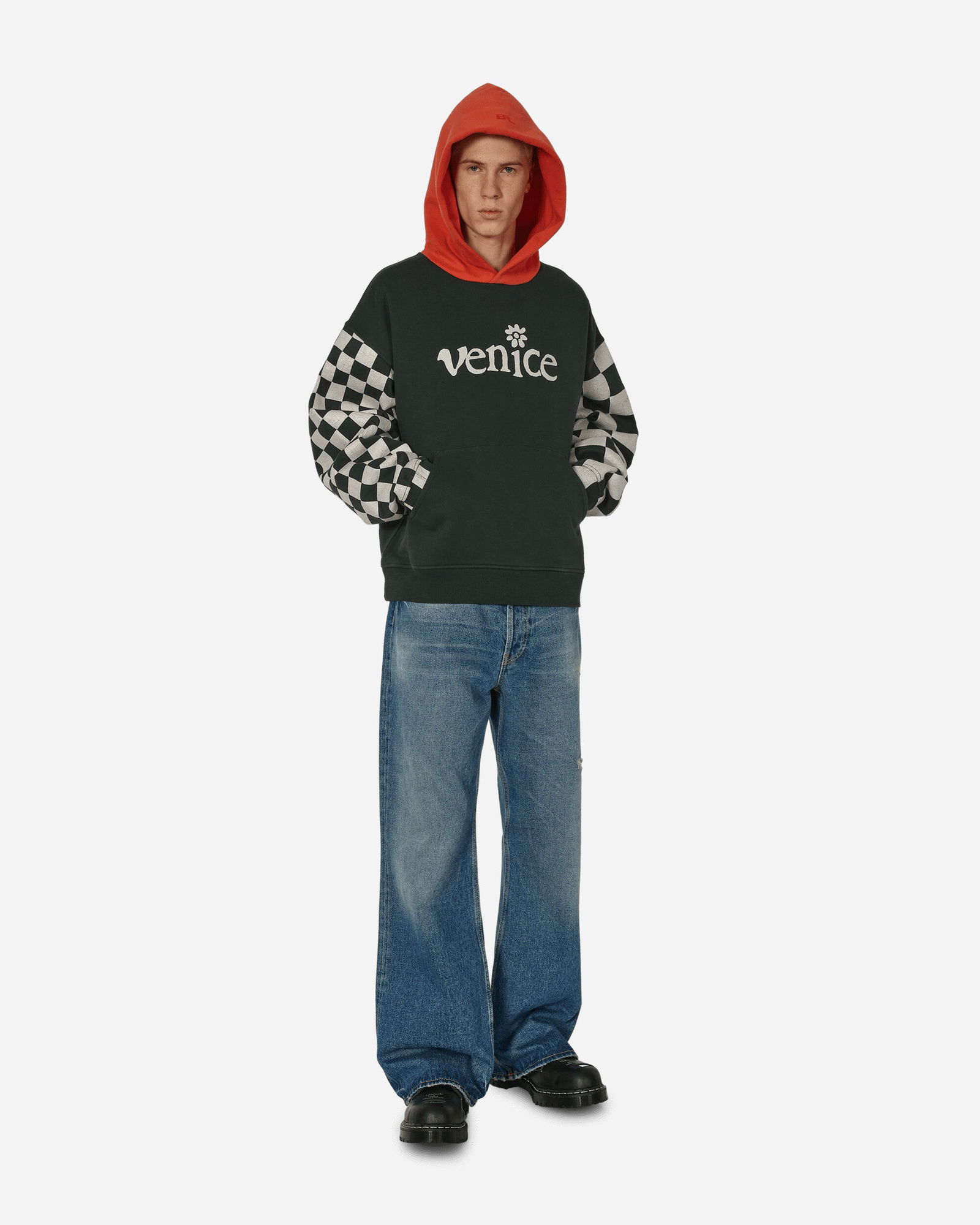 Checked Sleeve Hooded Sweatshirt