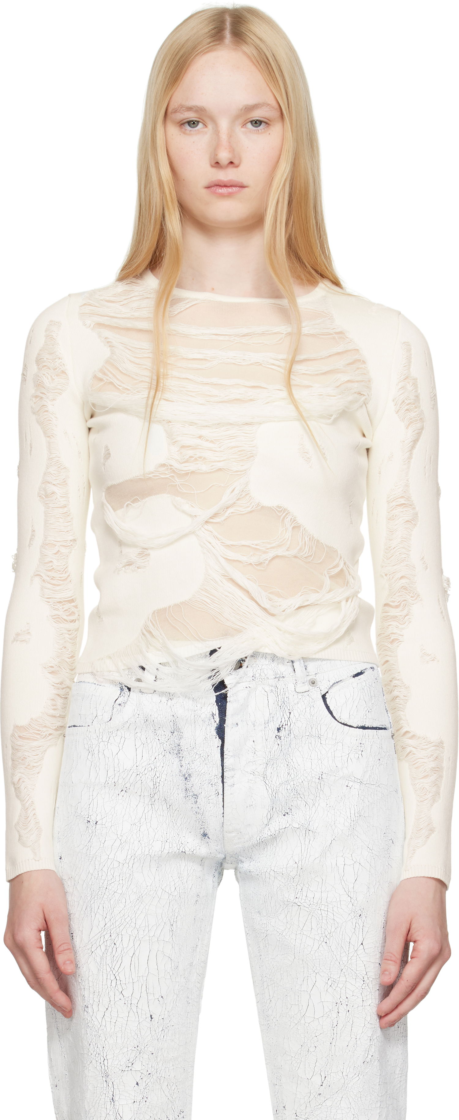 Sveter Maison Margiela MM6 Maison Margiela Slashed Crewneck Sweater Biela | S62HL0032 M13121, 0