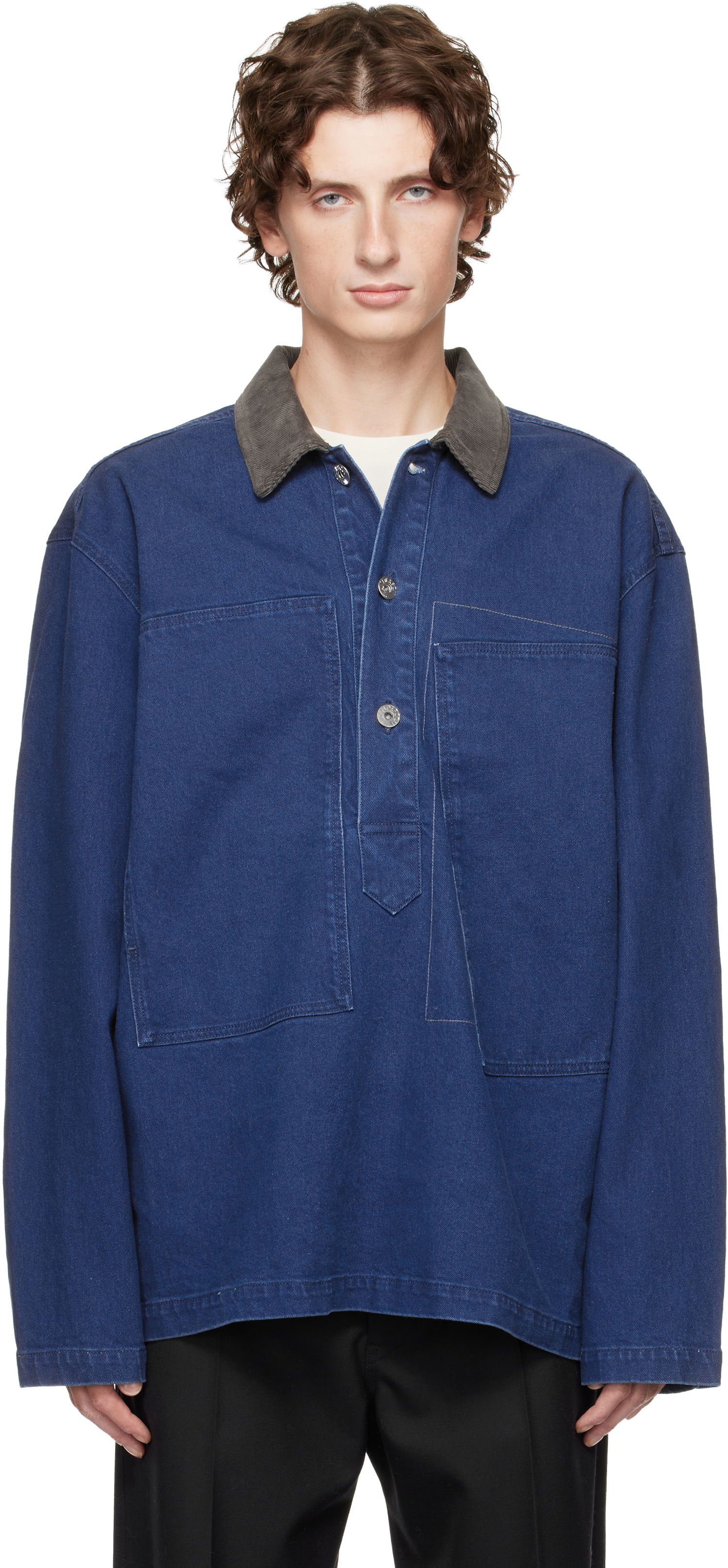 Polo tričko JW Anderson Denim Polo with Patch Pockets and Corduroy Collar Modrá | DS0014-PG1835, 0