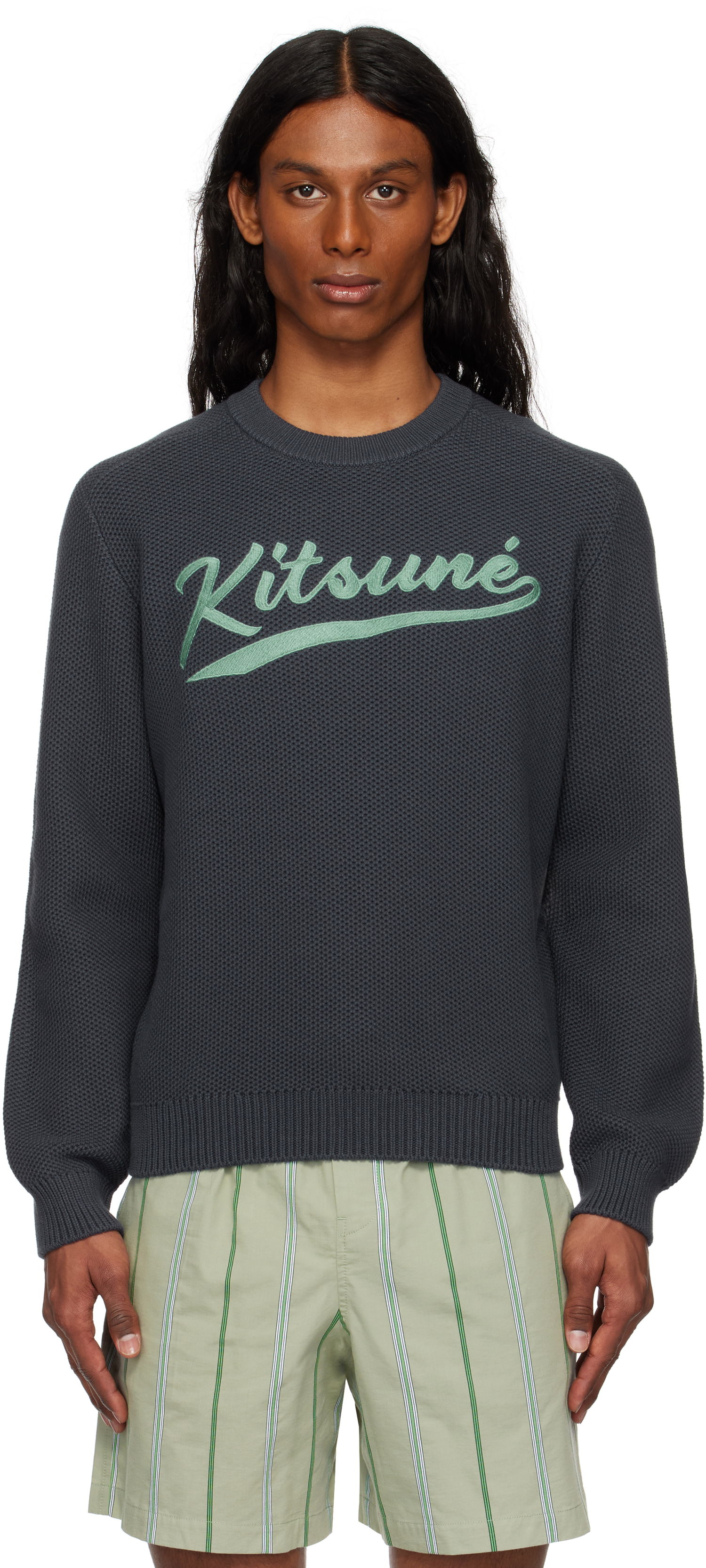 Sveter MAISON KITSUNÉ Kitsuné Varsity Embroidered Mesh Sweater Šedá | OM00808KT1137, 0