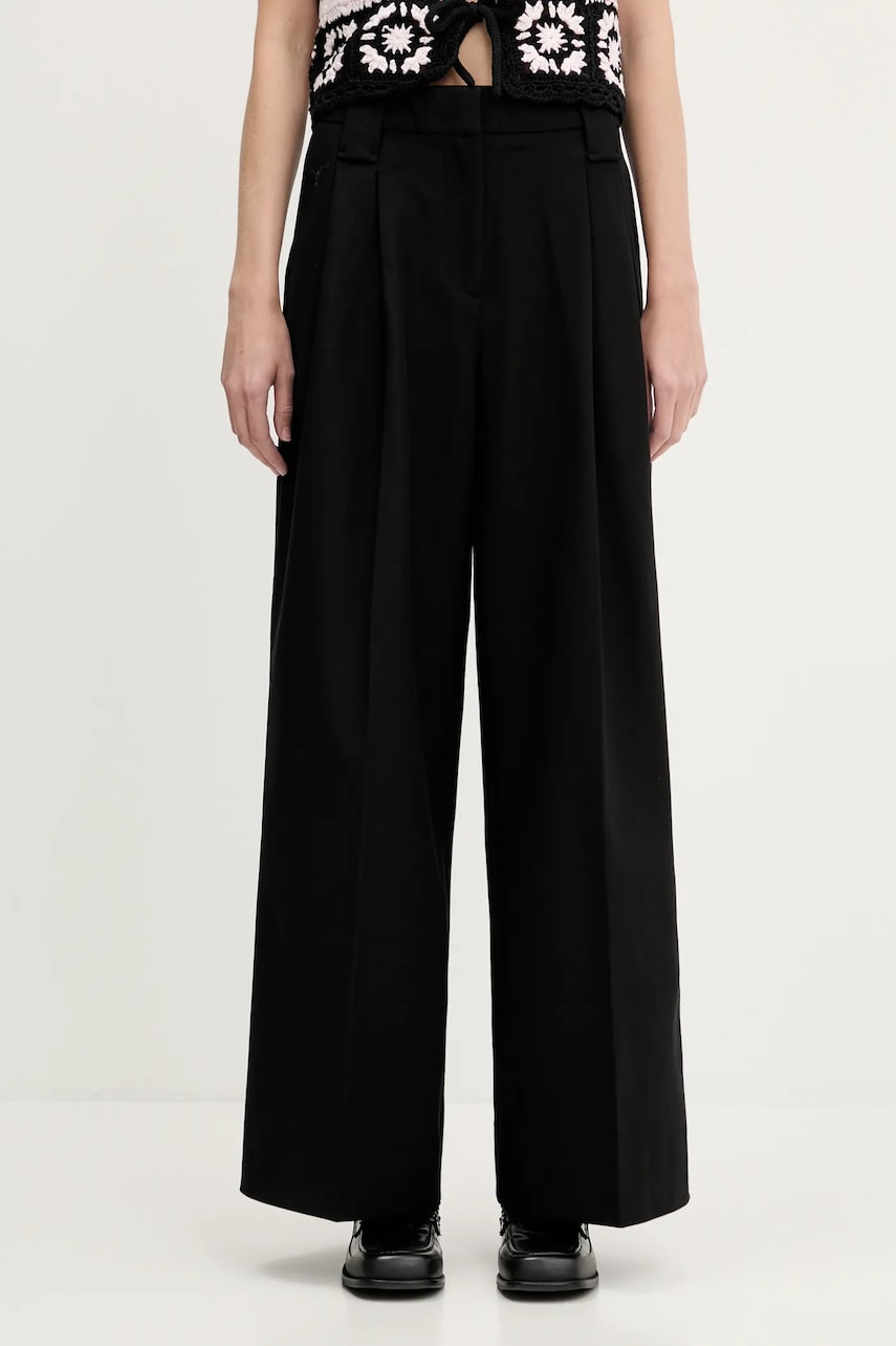 Nohavice GANNI GANNI Heavy Cotton Tailoring High Waist Wide Leg Trousers Čierna | W0246, 0