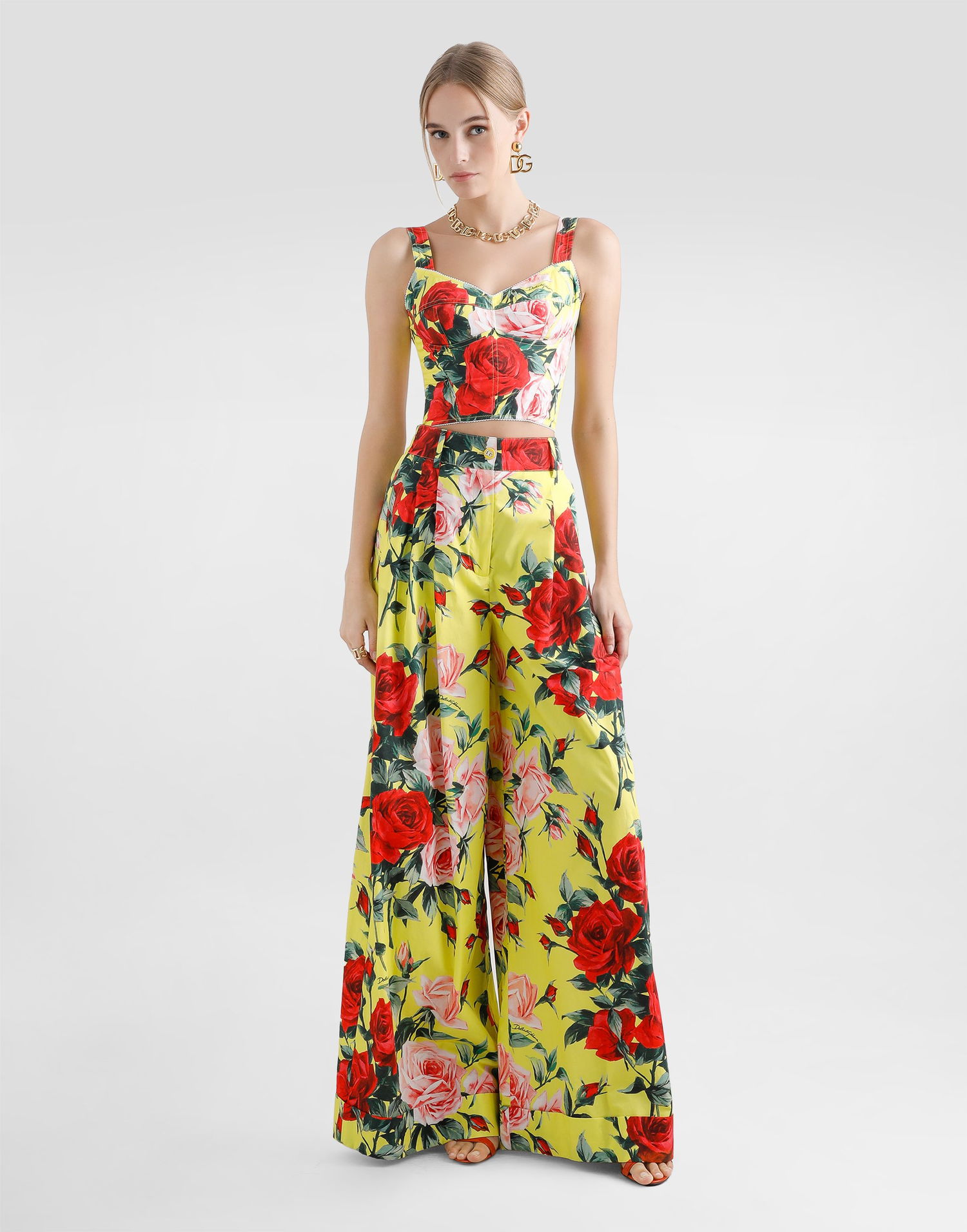 Nohavice Dolce & Gabbana Dolce & Gabbana Bouquet Print Cotton Palazzo Pants Žltá | FTC9ZTHS5TFHG5JD, 1
