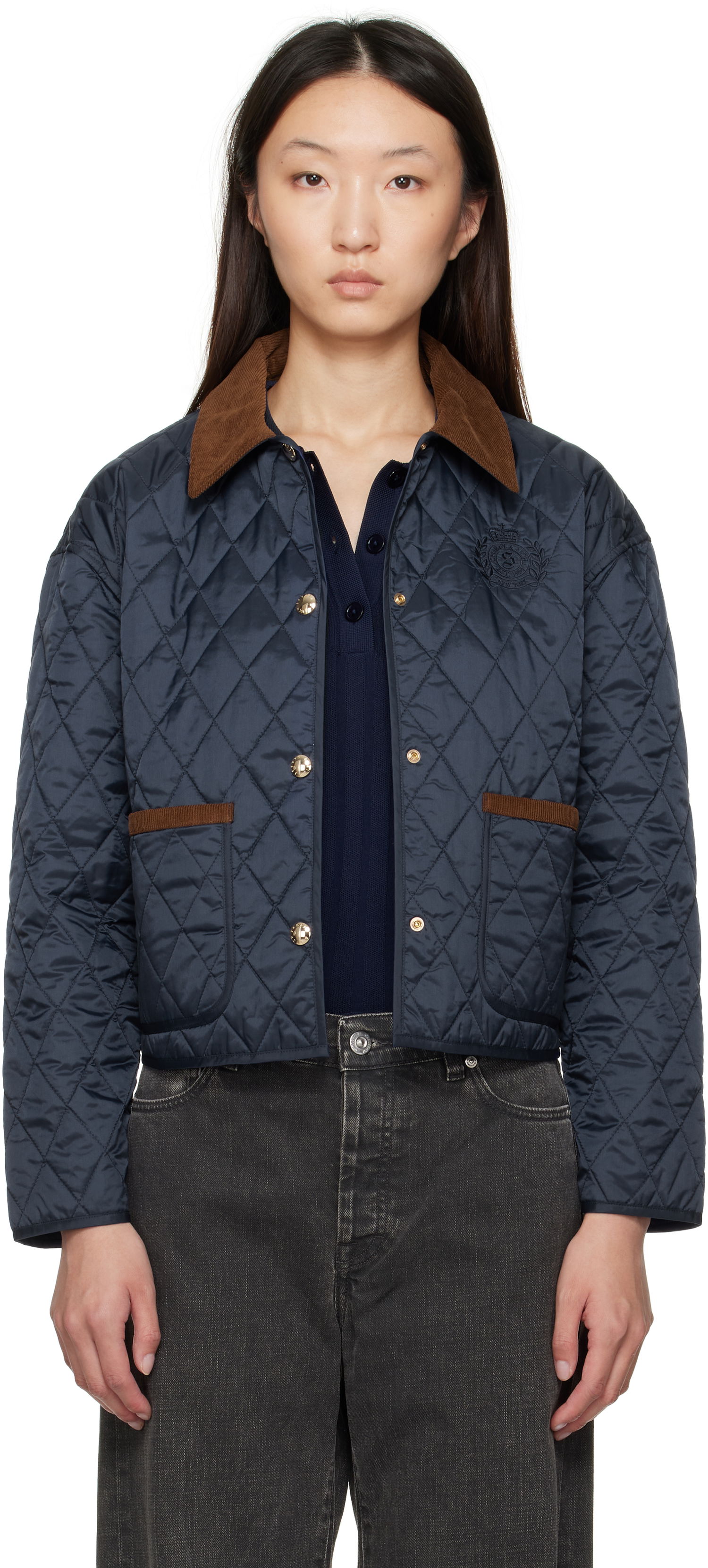 Bunda Sporty & Rich Sporty & Rich H&W Crest Cropped Quilted Jacket Navy | OW027620241BL106, 0