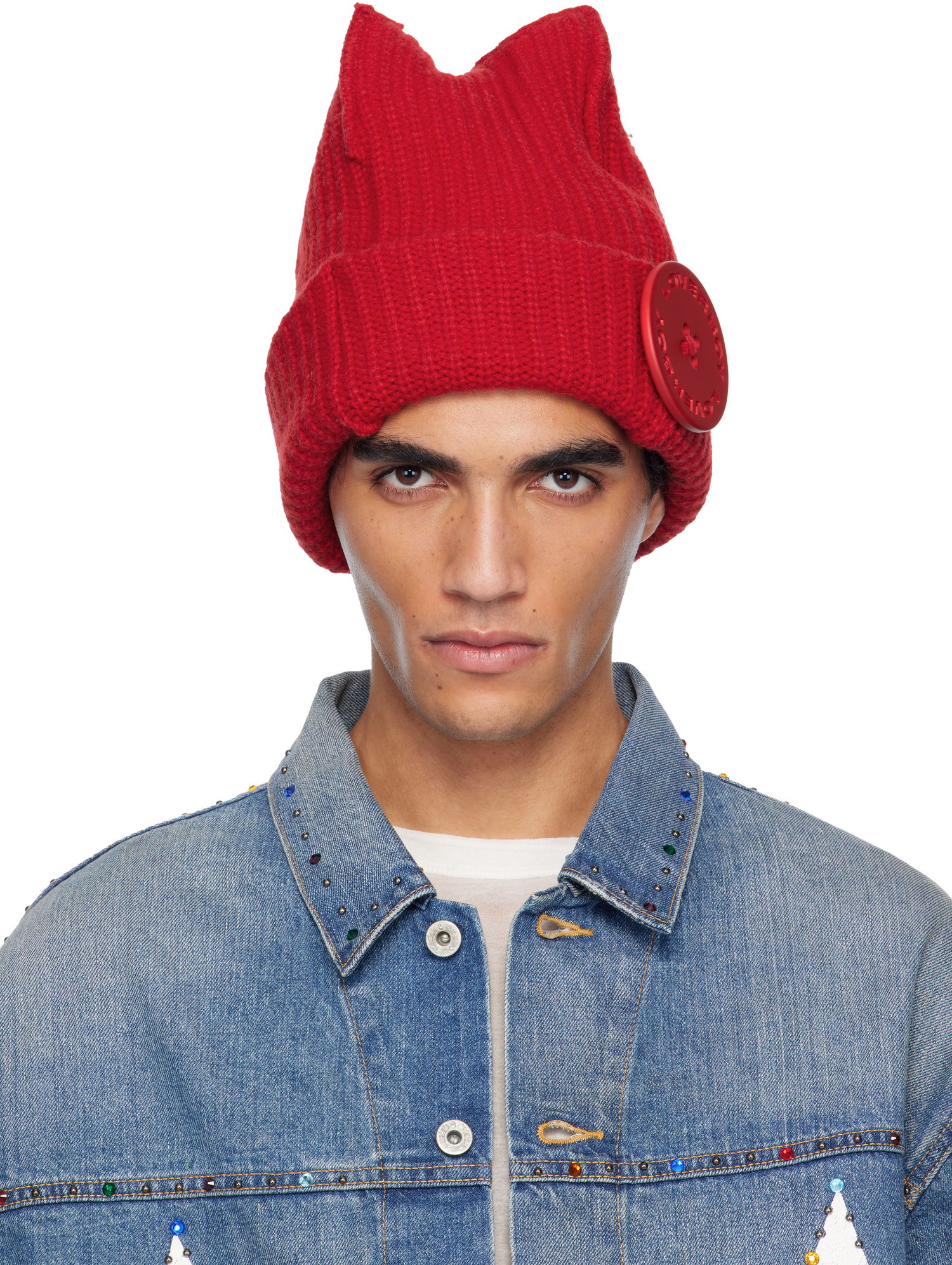 Kulicha Charles Jeffrey Loverboy LOVERBOY Rib Knit Peak Beanie with Button Detail Červená | 052130604, 0