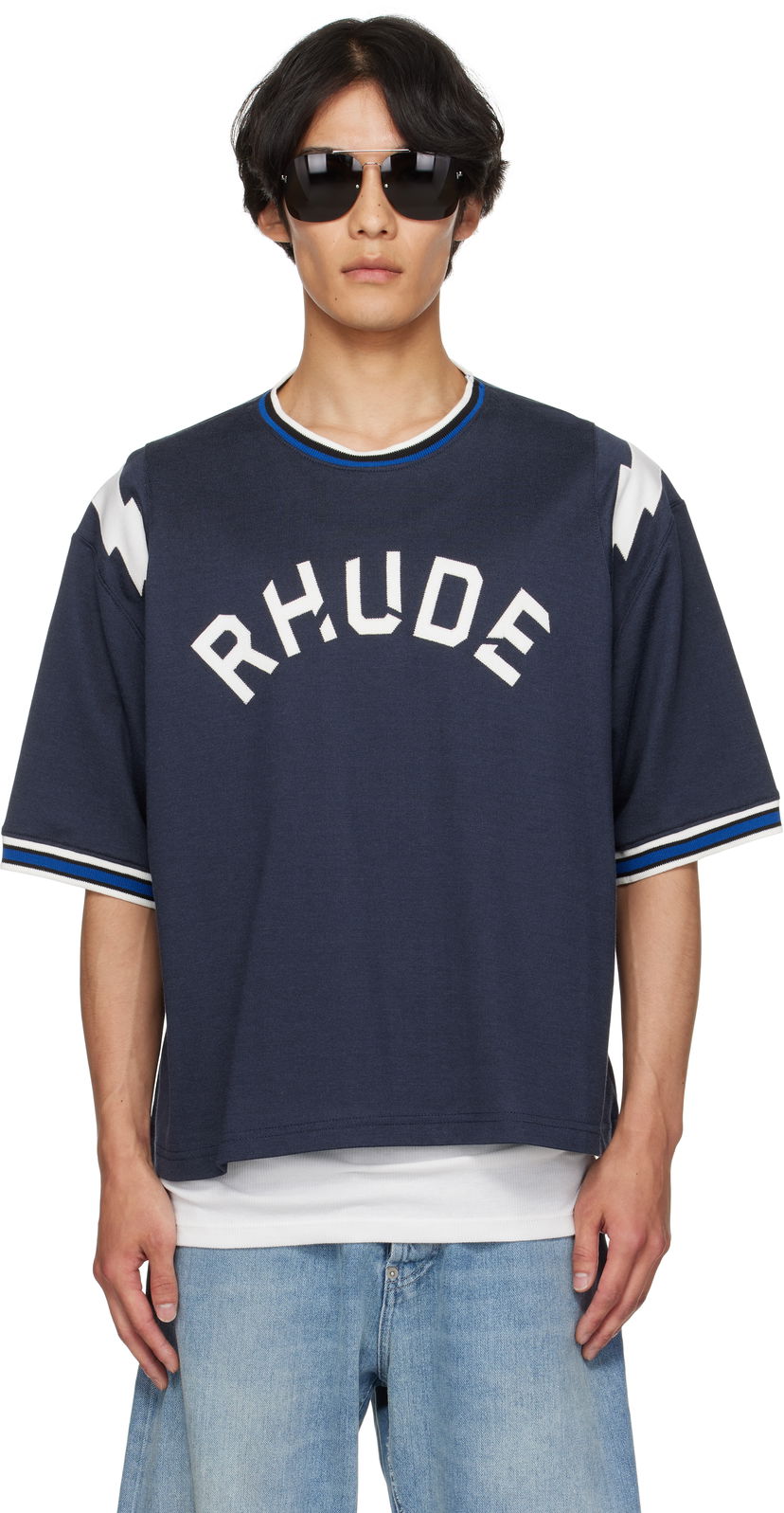 Tričko Rhude Rhude Logo Lightning Ringer T-Shirt Navy | RHPF25TT01729