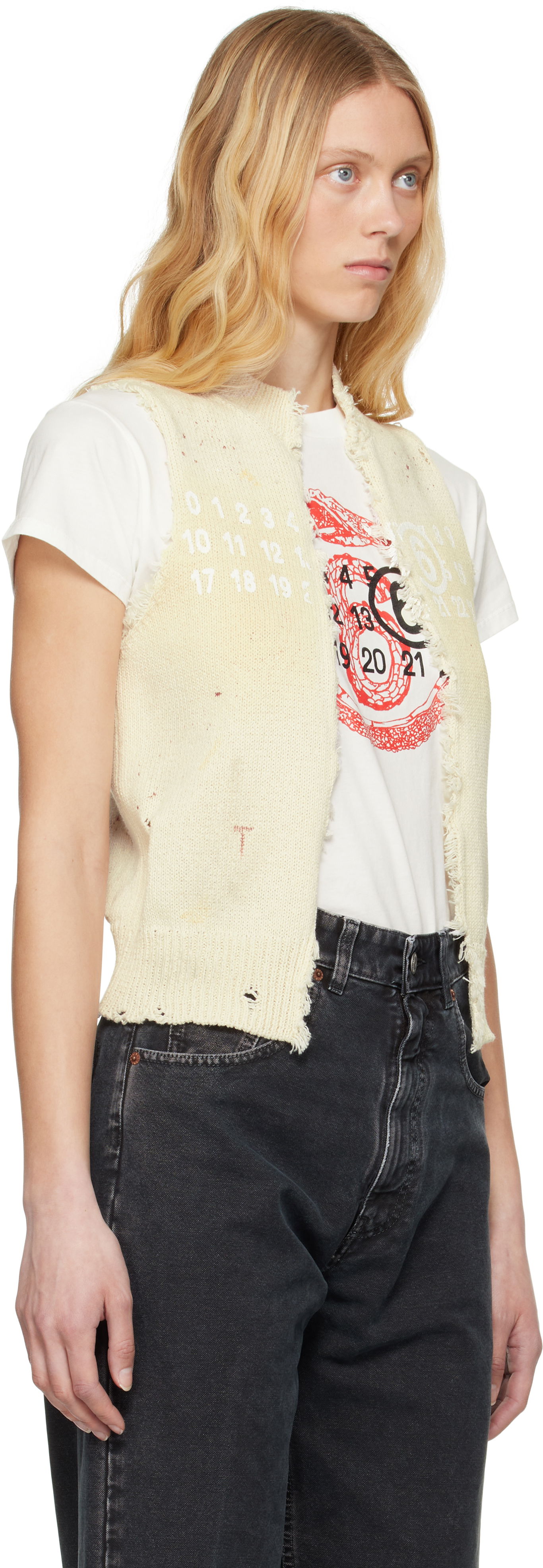 Sveter Maison Margiela MM6 Maison Margiela Open Cut Printed Vest Béžová | S62FB0075 M13123, 1