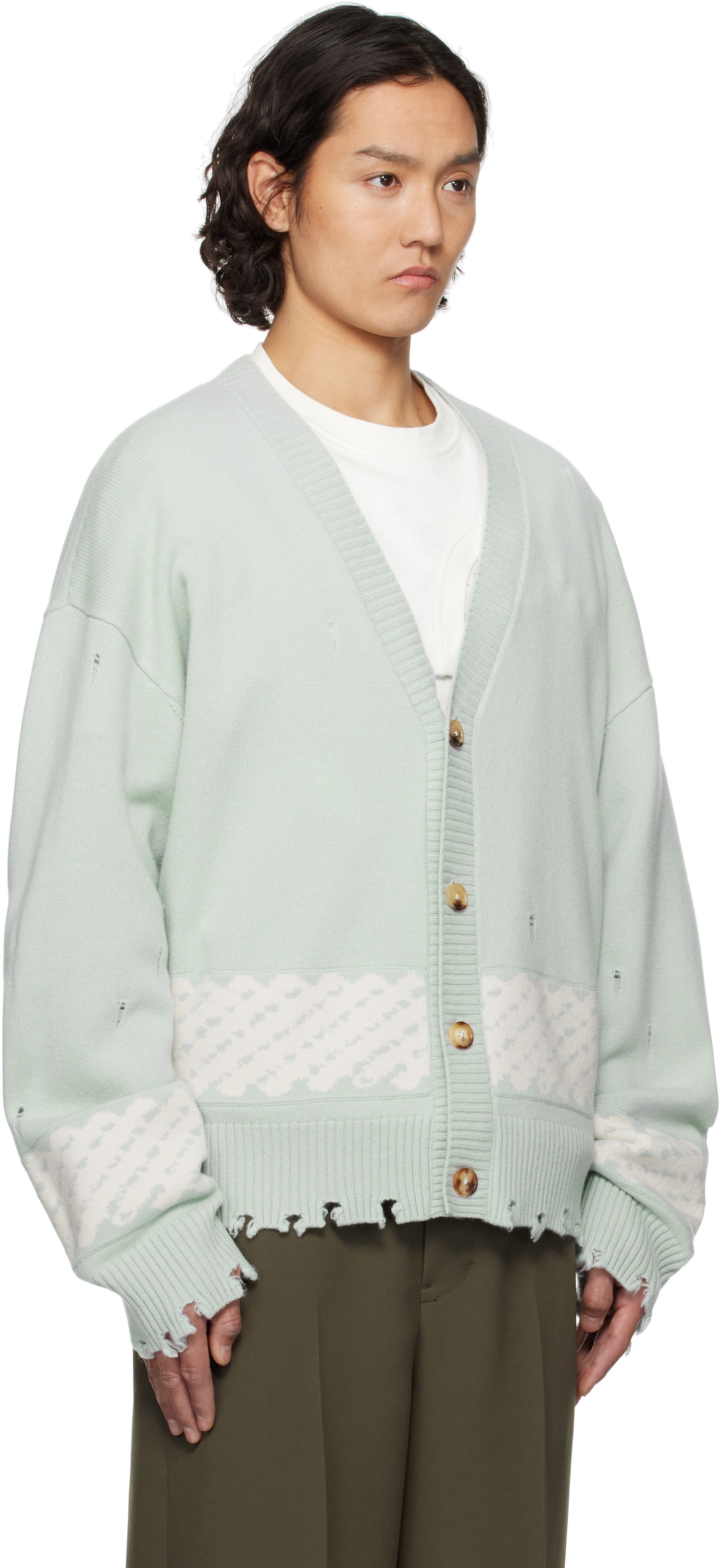 Sveter Feng Chen Wang Feng Chen Wang Ripped Jacquard Cardigan Zelené | FUS19KT06G, 1