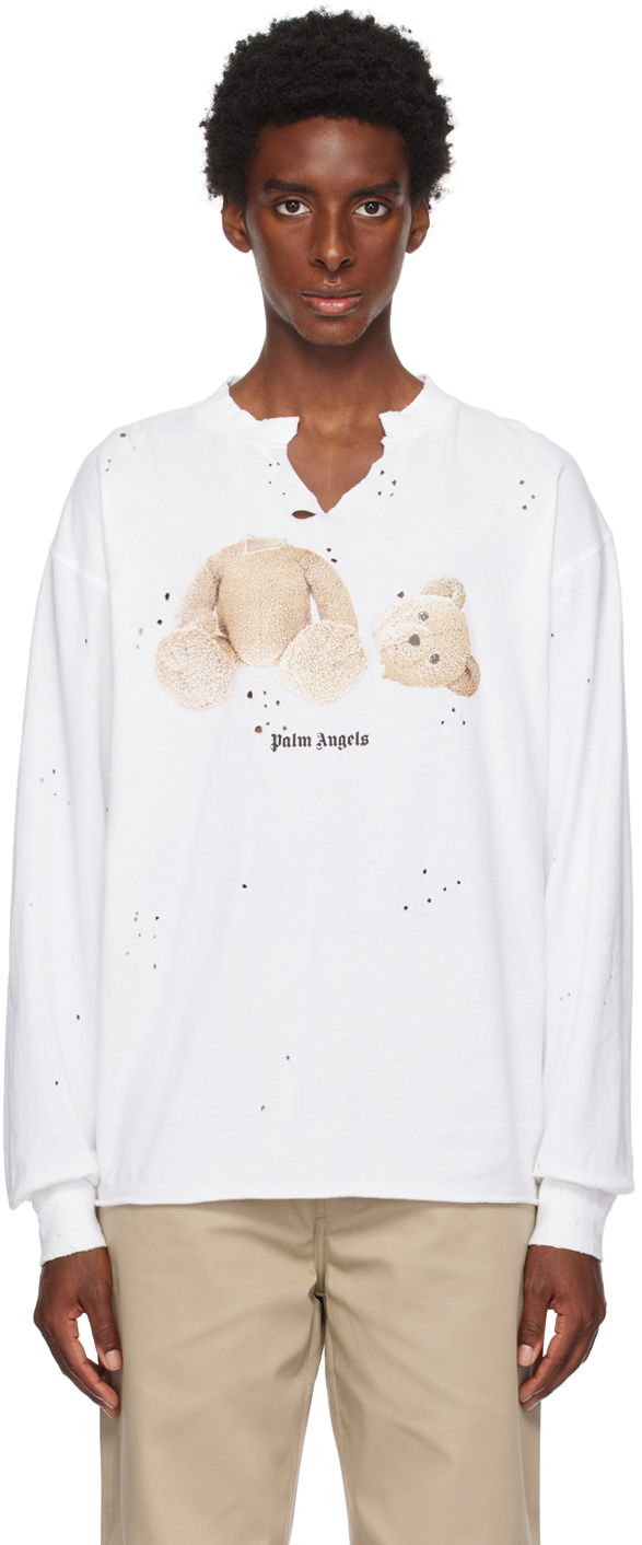 Tričko Palm Angels White PA Bear Long Sleeve Biela | PMAB040S23JER0010160