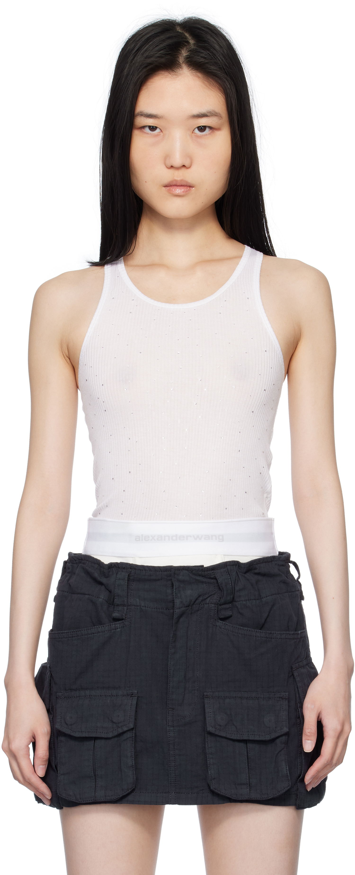 Tielko Alexander Wang White Crystal Hotfix Racer Tank Top Biela | WL001T, 0