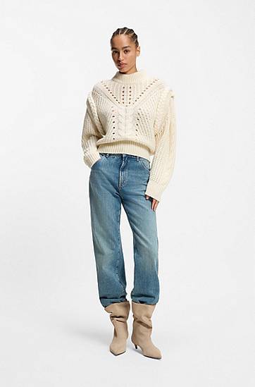 Sveter BOSS Structured Cable and Openwork Knit Mock Neck Sweater with Alpaca and Virgin Wool Biela | 50548951, 1