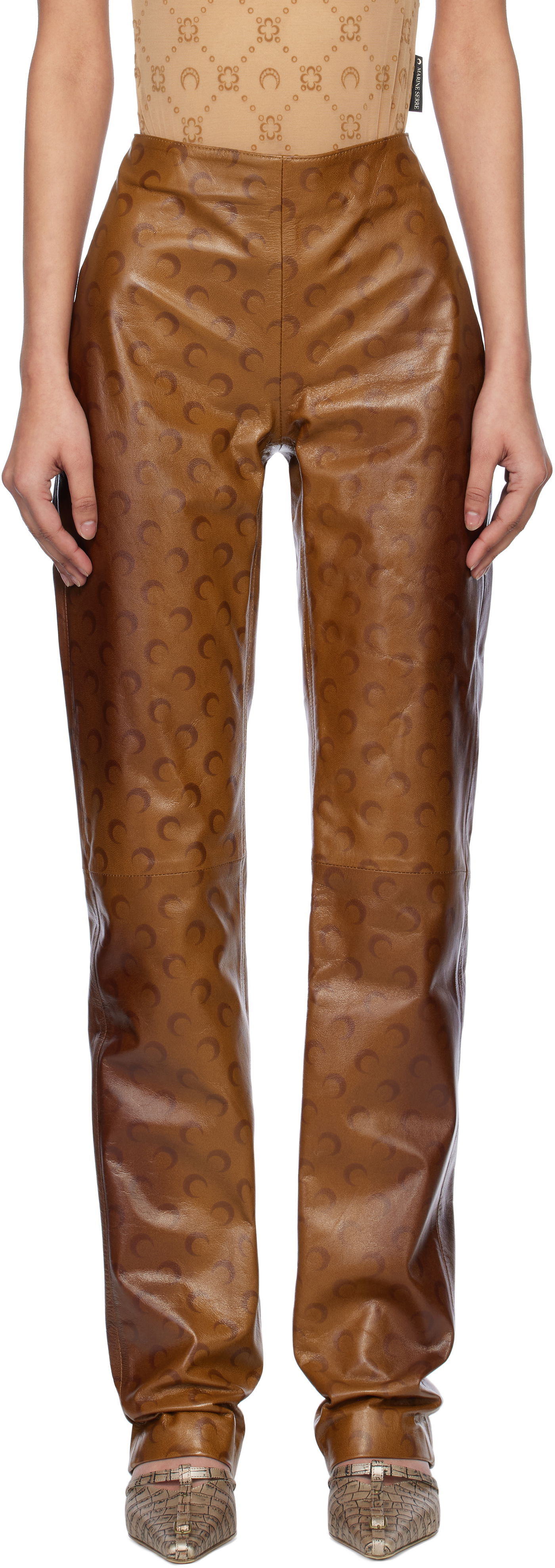 Nohavice Marine Serre Marine Serre Moon Airbrushed Leather Pants Hnedá | WPA153A CLEA0050, 0