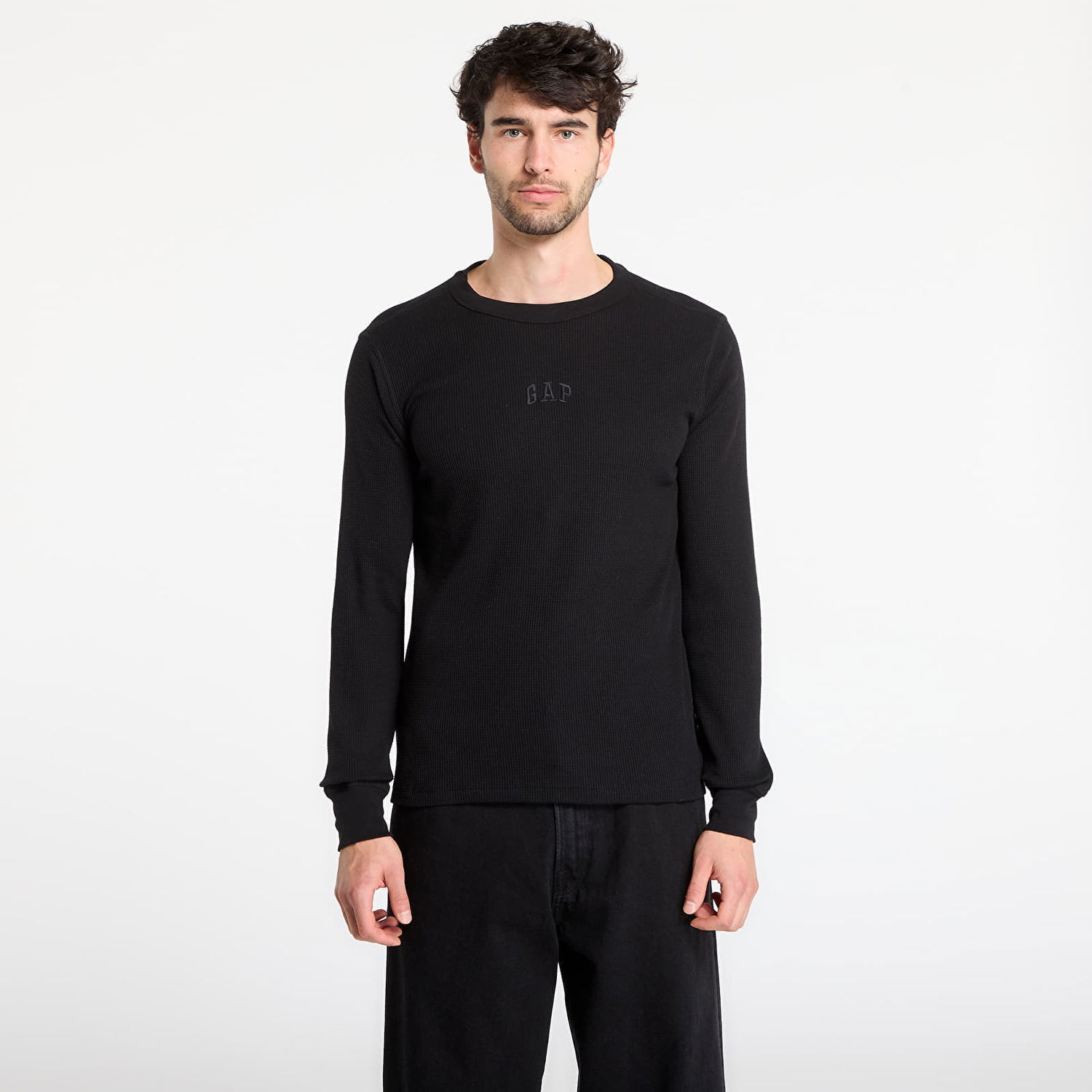 Tričko GAP Long Sleeve Waffle Mini Logo Crew Tee Čierna | 795644-02, 0
