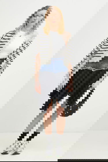 Sveter Maison Margiela Striped Distressed Cotton Cardigan with Cut-Out Sleeves Navy | S52HP0025, 5