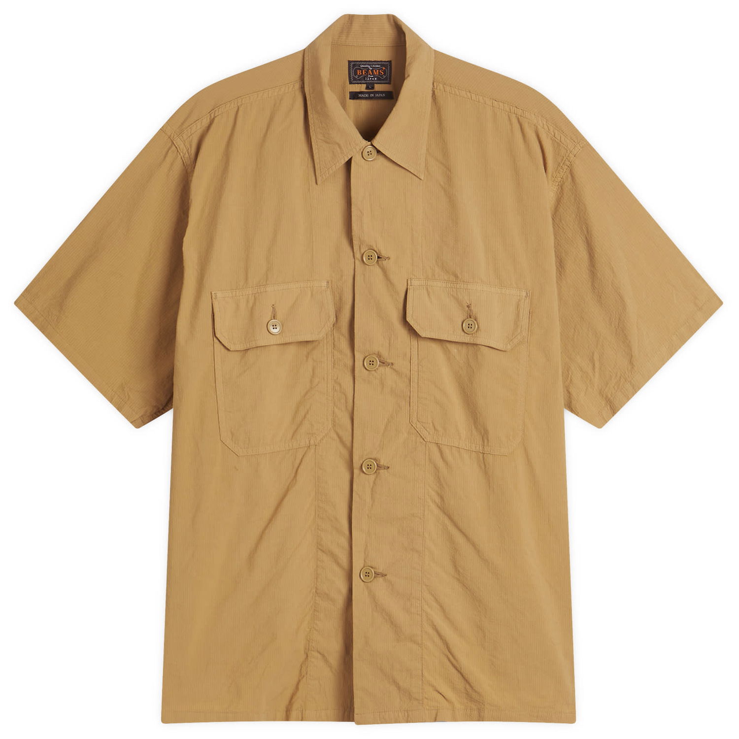 Košeľa BEAMS Beams Plus Textured Ripstop Short Sleeve Shirt, Size Large Béžová | 3801-0186-139-24, 1