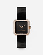 Diamond-Set Gold Faceted Case Watch with Croc-Embossed Leather Strap