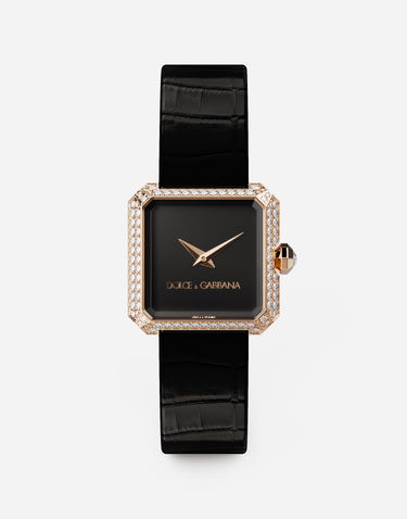 Hodinky Dolce & Gabbana Diamond-Set Gold Faceted Case Watch with Croc-Embossed Leather Strap Čierna | WWJC2GXSB01N0000, 0
