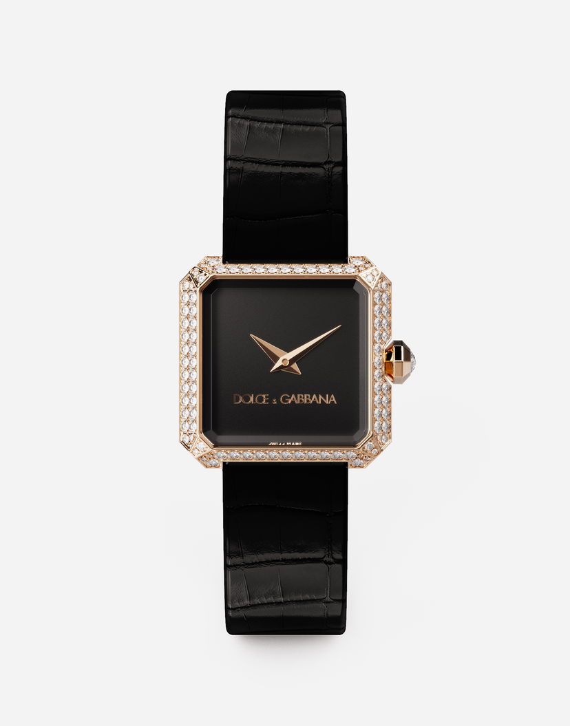 Hodinky Dolce & Gabbana Diamond-Set Gold Faceted Case Watch with Croc-Embossed Leather Strap Čierna | WWJC2GXSB01N0000