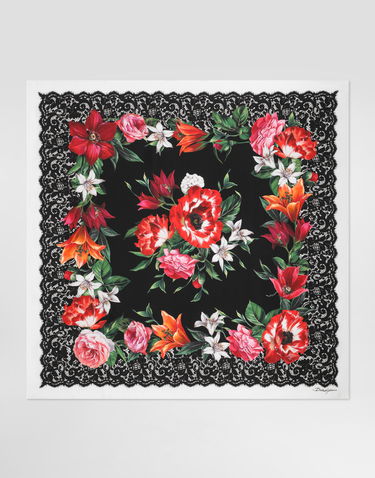 Šál Dolce & Gabbana Dolce & Gabbana 90x90 Silk Twill Floral Print Square Scarf with Lace Border Rôznofarebný | FN090RGDC7AHN5QV, 0