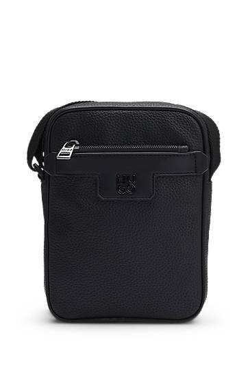 Taška cez rameno BOSS HUGO Grained Faux-Leather Reporter Bag with Stacked-Logo Trim Čierna | 50529484, 0