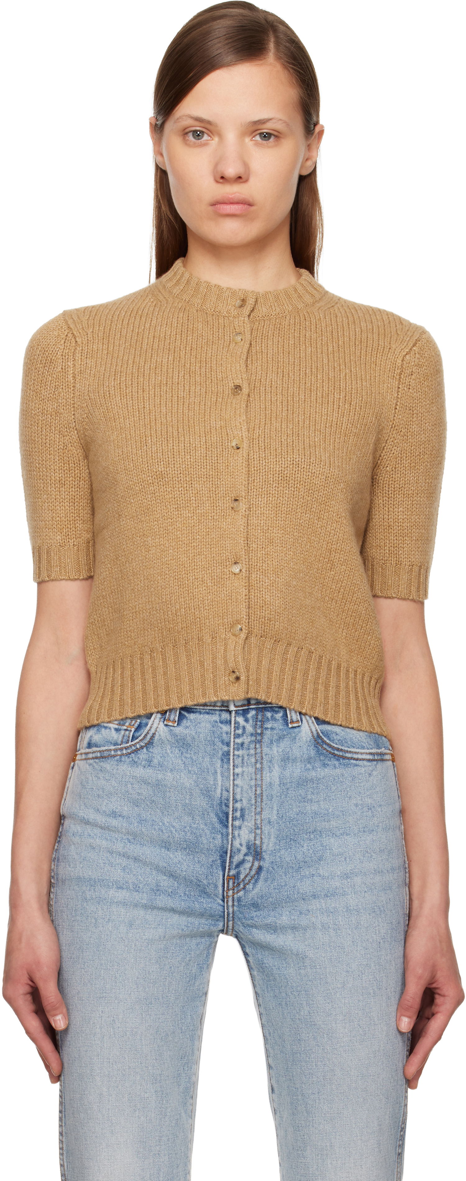 Sveter Khaite Nora Short-Sleeve Ribbed Cardigan Béžová | 9608615, 0