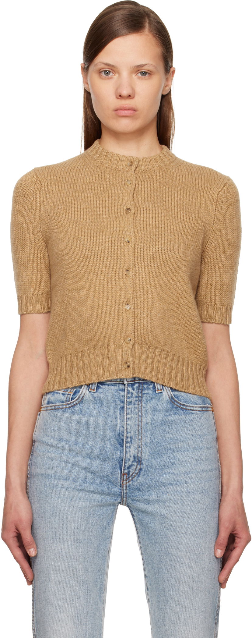 Sveter Khaite Nora Short-Sleeve Ribbed Cardigan Béžová | 9608615