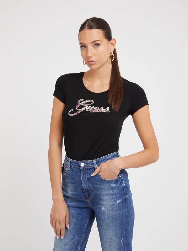 Tričko GUESS Rhinestones Logo T-Shirt Čierna | W3YI36J1314, 0