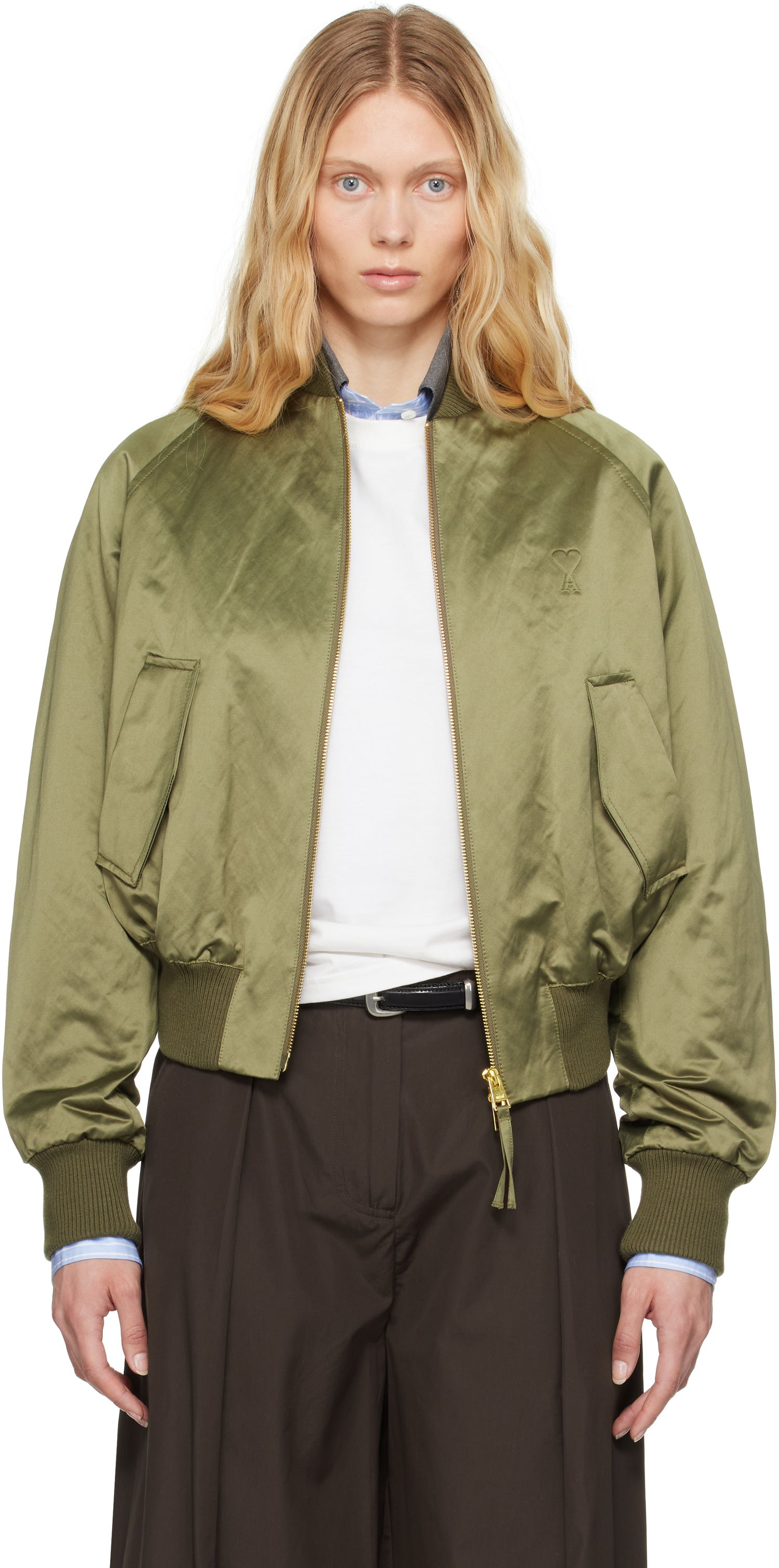 Bomber bunda AMI AMI Paris Cotton Satin Ami de Coeur Bomber Jacket Zelené | FJK011.CO0100, 0