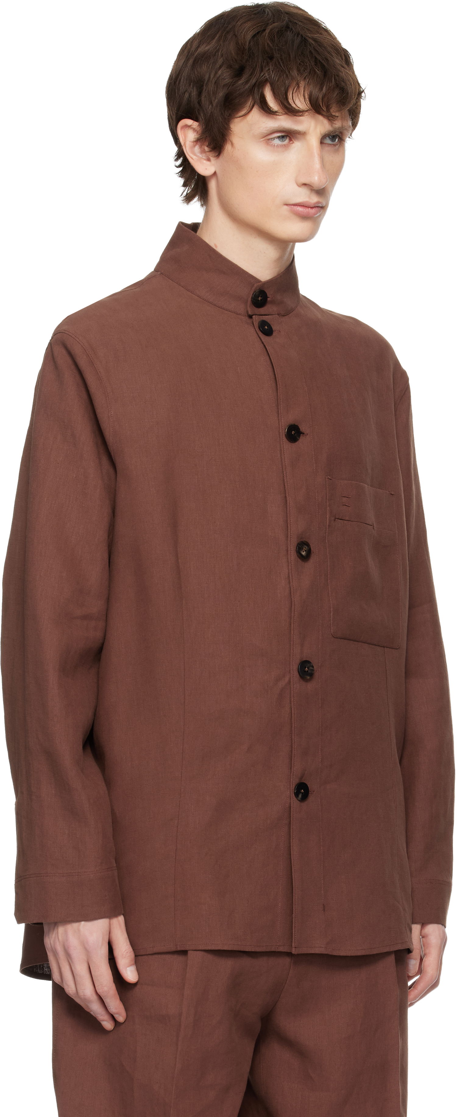 Bunda ZEGNA Standing Collar Button-Front Overshirt with Chest Pocket Hnedá | 973C58A9 SON95, 1