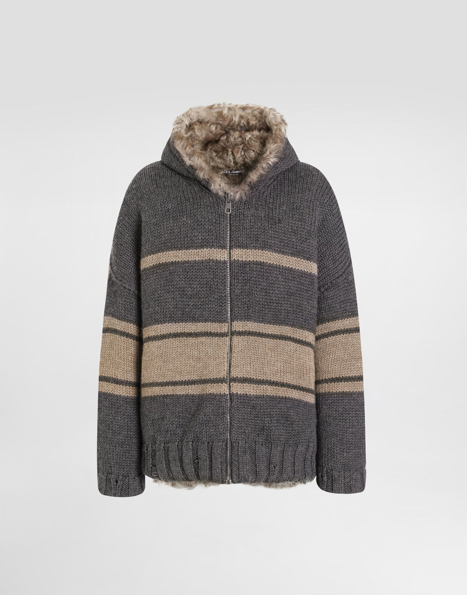 Mikina Dolce & Gabbana Dolce & Gabbana Knitted Fur-Lined Striped Zip-Up Hoodie Šedá | GXVE9ZJGMC9N9831, 0