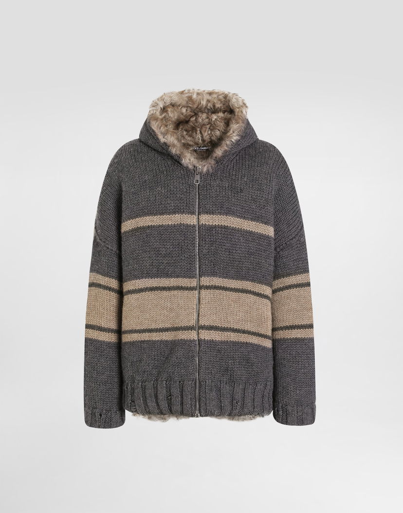 Mikina Dolce & Gabbana Dolce & Gabbana Knitted Fur-Lined Striped Zip-Up Hoodie Šedá | GXVE9ZJGMC9N9831