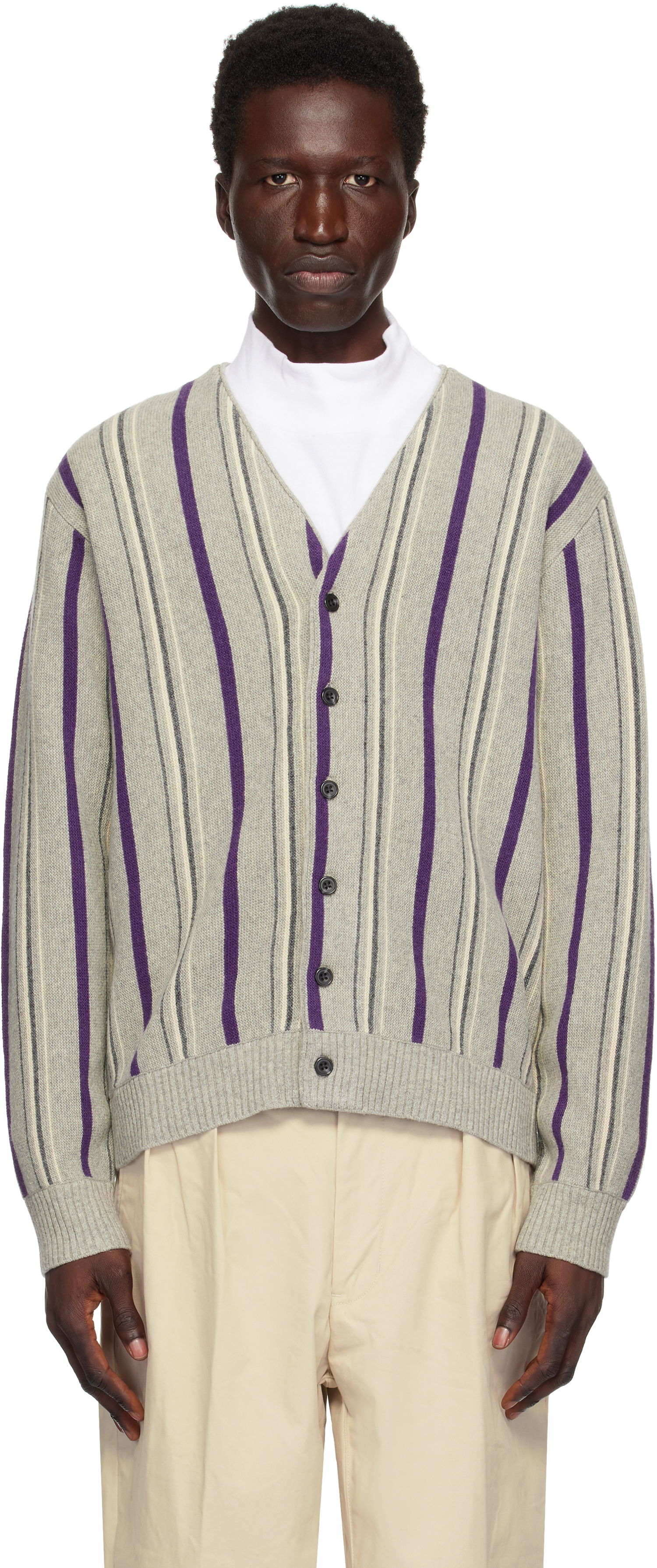 Sveter BEAMS Beams Plus Striped Cardigan Šedá | 38150204156, 0