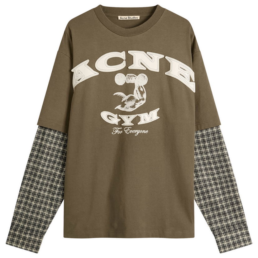 Tričko Acne Studios Exford U Long Sleeve Gym Bro Check Layered T-Shirt, Size Small Zelené | CL0394-DSQ