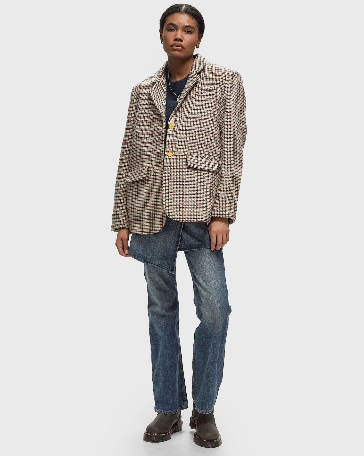 Bunda GANNI Check Wool Mix Boxy Blazer Hnedá | F9590-177, 1