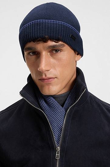 Oblečenie a doplnky BOSS Knitted wool-cotton patterned scarf and ribbed beanie hat gift set Navy | 50548858, 1
