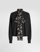 Poplin Long Sleeve Shirt with Floral Print Tie-Neck Scarf