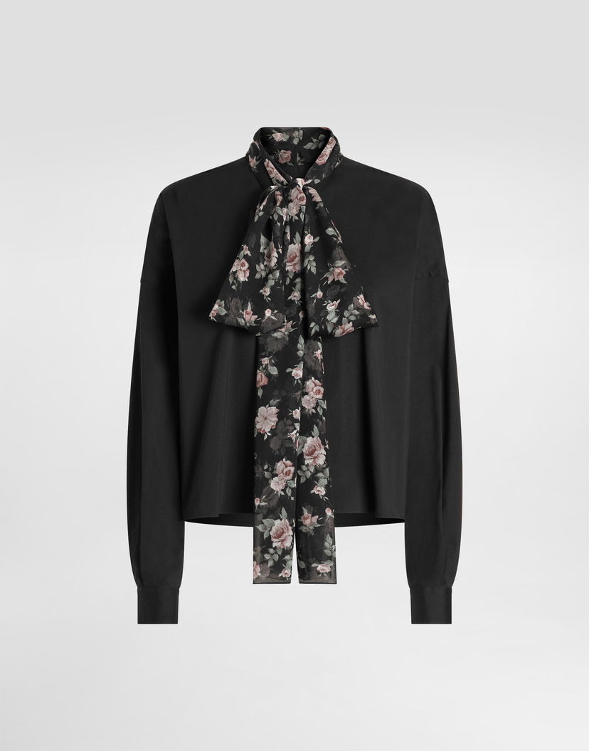 Košeľa Dolce & Gabbana Poplin Long Sleeve Shirt with Floral Print Tie-Neck Scarf Čierna | F5U13TFURMON0000