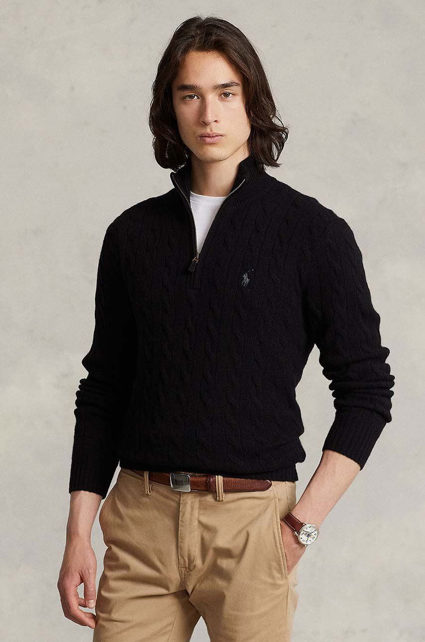 Sveter Polo by Ralph Lauren Cable Knit Quarter-Zip Wool Sweater Čierna | 710876766