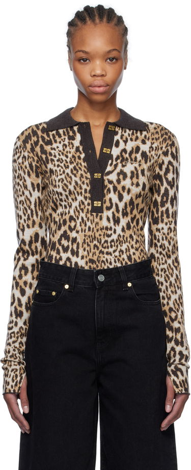 Polo tričko GANNI GANNI Leopard Knit Polo Hnedá | K2341, 0