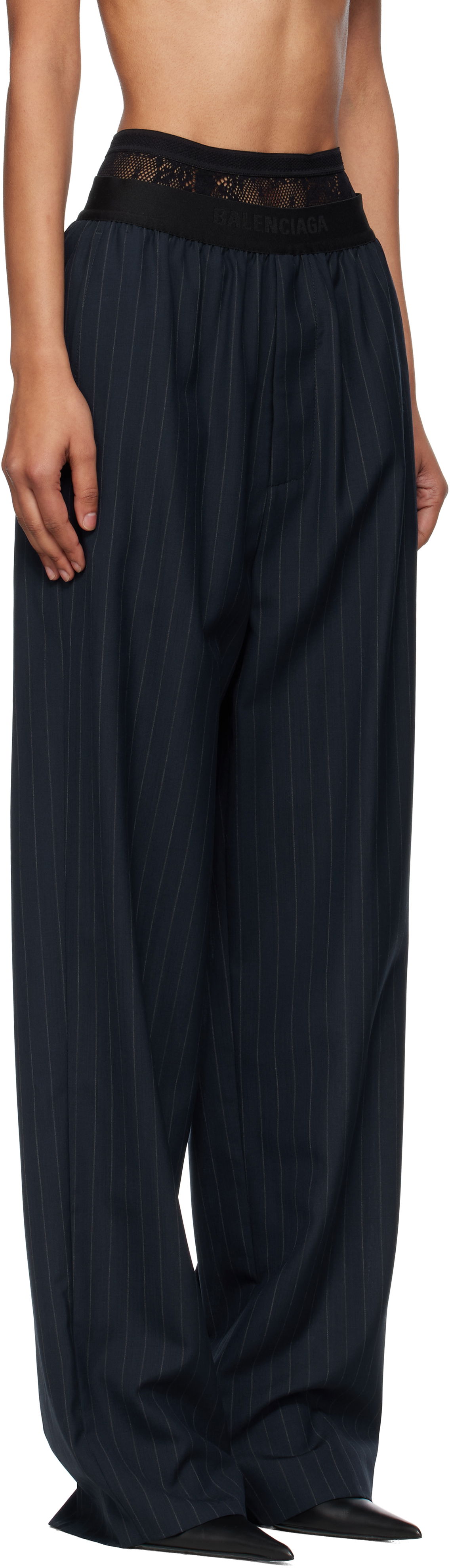 Nohavice Balenciaga Balenciaga Pinstripe Elastic Trousers Navy | 790887TST24, 1